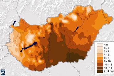 Hőhullámos napok száma (napi középhőmérséklet  25°C) az 1980-2009-es időszakban