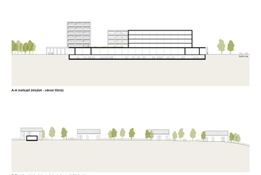 közeli metszet - Paks, Pollack Mihály utcától északra fekvő lakóterület városrendezési és építészeti ötletpályázat - építészek, alkotók: Péterffy Miklós, Müller Dóra, Dőry Bálint, Deli Brigitta, Szabó Dániel