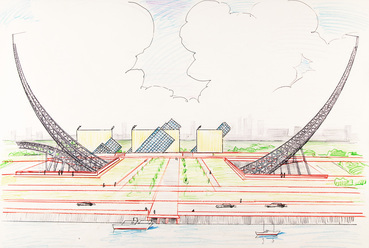 A kozmikus energia központja, 1999. Színesceruza, 1999. 42x62 cm. Kép © Ilya és Emilia Kabakov, a Tschoban Alapítvány – Építészeti Rajzok Múzeuma engedélyével