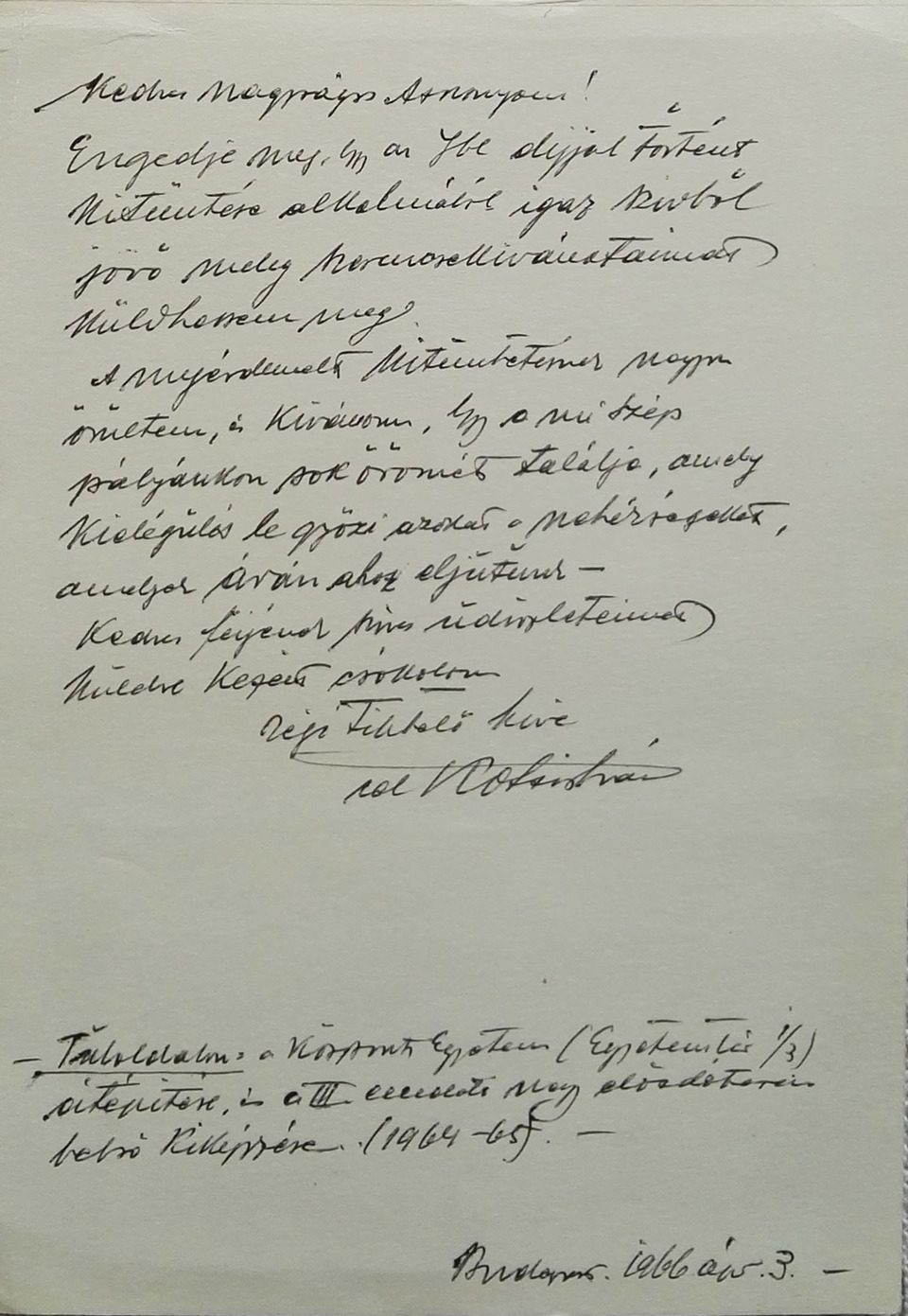 Kotsis Iván gratuláló levele Cs. Juhász Sára Ybl-díja alkalmából, 1966. Forrás: Cs. Juhász Sára hagyatéka