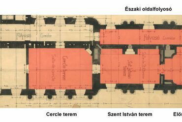 A déli összekötő szárny érintett terei jelölve egy archív alaprajz-részleten, A tervlap forrása: MÉM-MDK Tervtár