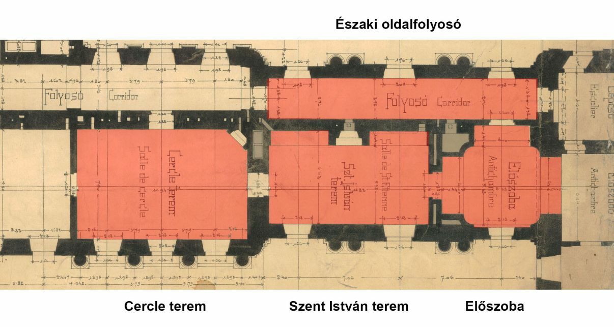 A déli összekötő szárny érintett terei jelölve egy archív alaprajz-részleten, A tervlap forrása: MÉM-MDK Tervtár