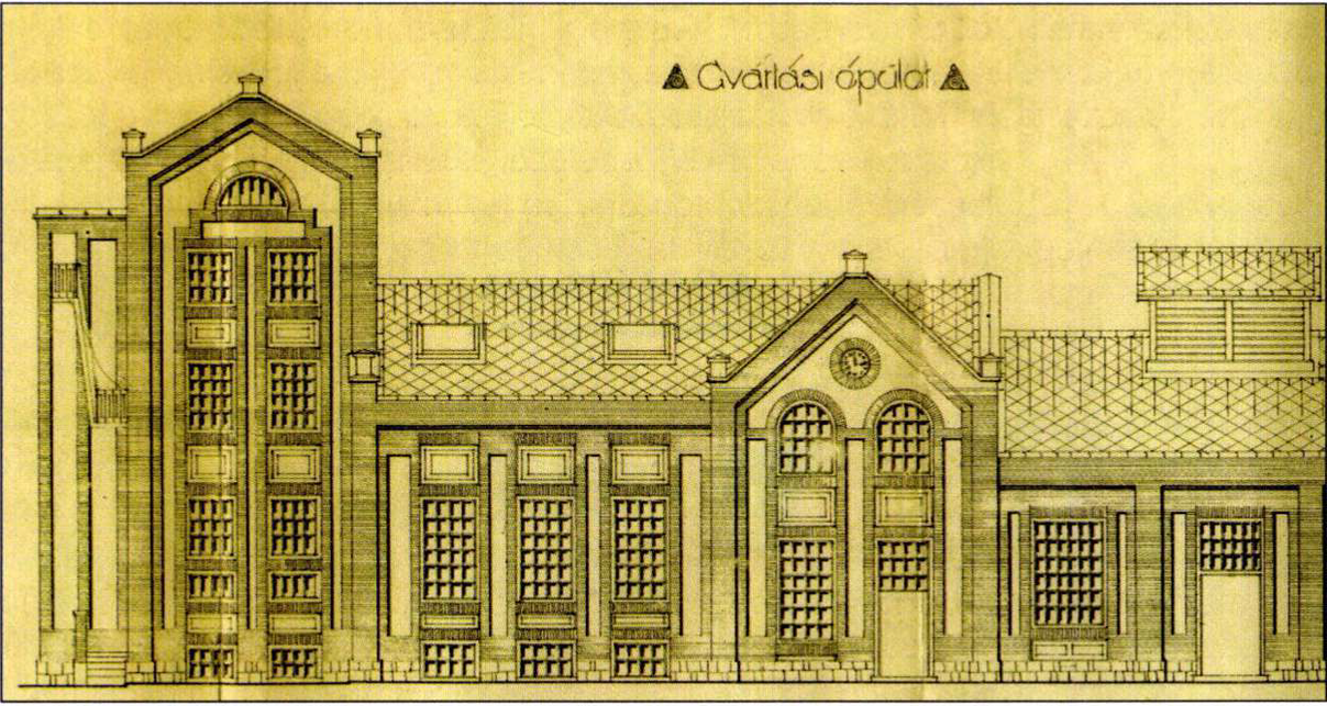 Pécs, Batthyány utca, a szeszfőzde gyártási épületének terve 1917-ből, tervező: Fleischl Róbert. Forrás: Pécsi Szemle, 2006/3., 50. o.