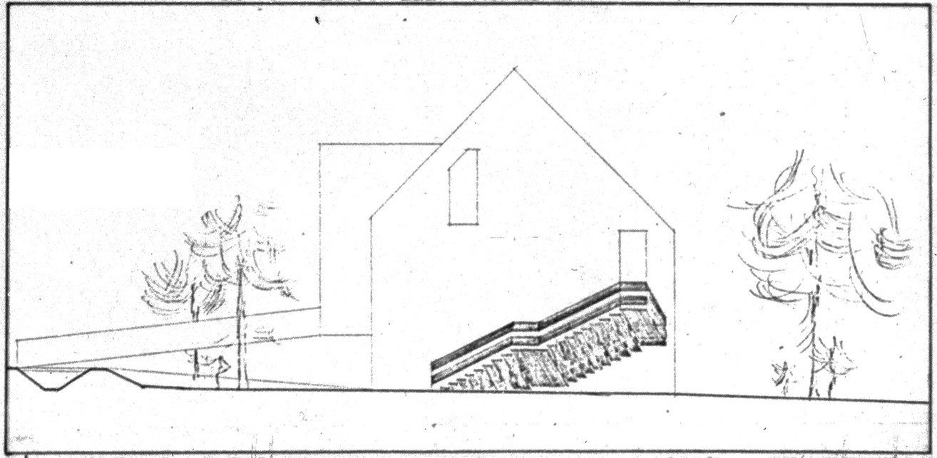 Nagy Bálint: Hallgatói és oktatói üdülő terve az Ybl Miklós Felsőfokú Építőipari Technikum számára, 1971. Délnyugati homlokzat.