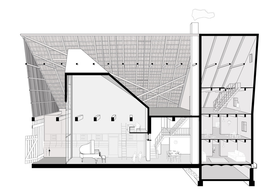 Sigurd Larsen: A Dortmannhof bővítése, Essen, 2020. Hosszmetszet.