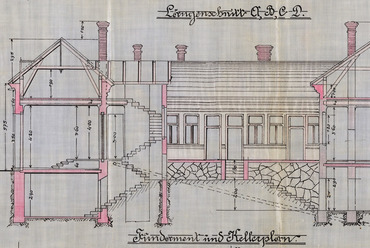 Az épület eredeti hosszmetszete. Forrás: MNL GYMSM Győri Levéltára Mosonmagyaróvári Fióklevéltára, IV.B.911.a. Magyaróvári járás Főszolgabírójának 1900/6748. sz.