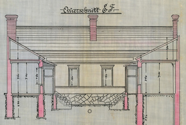 Az épület eredeti keresztmetszeti terve. Forrás: MNL GYMSM Győri Levéltára Mosonmagyaróvári Fióklevéltára, IV.B.911.a. Magyaróvári járás Főszolgabírójának 1900/6748. sz.