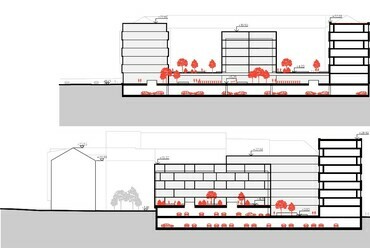 Térszervezés, Residence Vysocany nemzetközi tervpályázat, 250 lakásos társasház, Építészet: ZIP Architects, 2020.