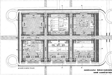 A Kévés György vezette Iparterv-csapat pályaműve a bécsi iroda- és kongresszusi központra, 1968. Alaprajz. Kép forrása: Kévés György