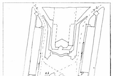 A művelődési központ közlekedési rendszere, Ferencz István skicce (Forrás: Magyar Építőművészet, 1986/6.)