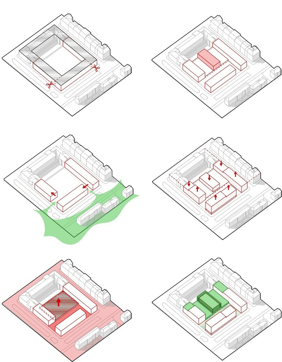 Tervezett beépítés, Residence Vysocany nemzetközi tervpályázat, 250 lakásos társasház, Építészet: ZIP Architects, 2020.