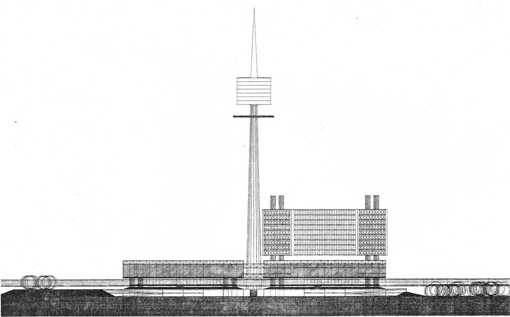 A Kévés György vezette Iparterv-csapat pályaműve a bécsi iroda- és kongresszusi központra, 1968. Az épülettömb távlati nézete a (meglévő) tévétoronnyal. Kép forrása: Kévés György