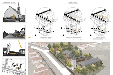 Helyszíni adottságok, és azokból következő telepítési koncepció. Építész: Varjú Kata