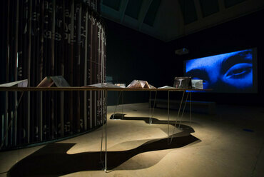 Carolina Caycedo: Serpent River Book (foreground) – Installation view, Eco-Visionaries: Confronting a planet in a state of emergency, Royal Academy of Arts – Photo: © Royal Academy of Arts, London / David Parry.