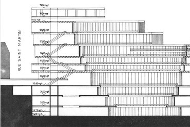 Kévés György és munkatársainak terve a párizsi Beaubourg (ma Pompidou-központ) pályázatára. Metszet, 1971.