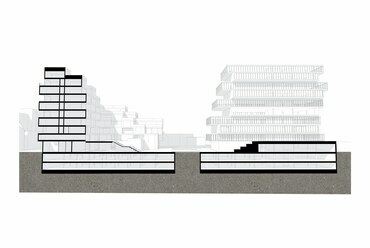 Metszet- Függőkert: Bogyó utcai társasház – építész: Balogh Csaba, Deigner Ágnes, Sónicz Péter, Sirokai Levente/ Konkrét Stúdió