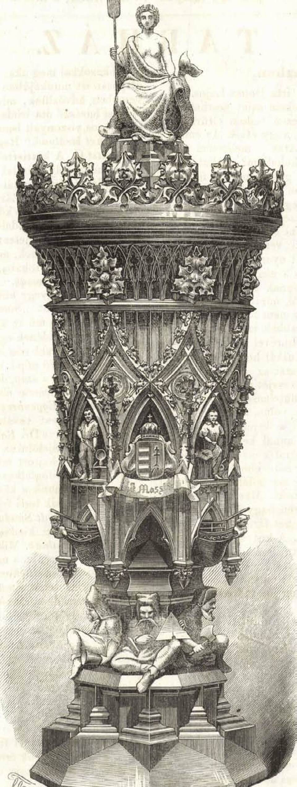 Masjon J. A. emlékbillikoma, 1857-ből, tervező: Feszl Frigyes (Vasárnapi Újság, 1857., Vegyes tartalmú cikkek, 521. o.)