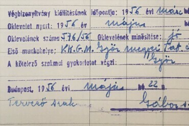 Részlet Soós Zsuzsanna (Kiss Zsuzsa) törzskönyvéből, diploma és első munkahely, forrás: BME OMIKK Levéltár Y/108