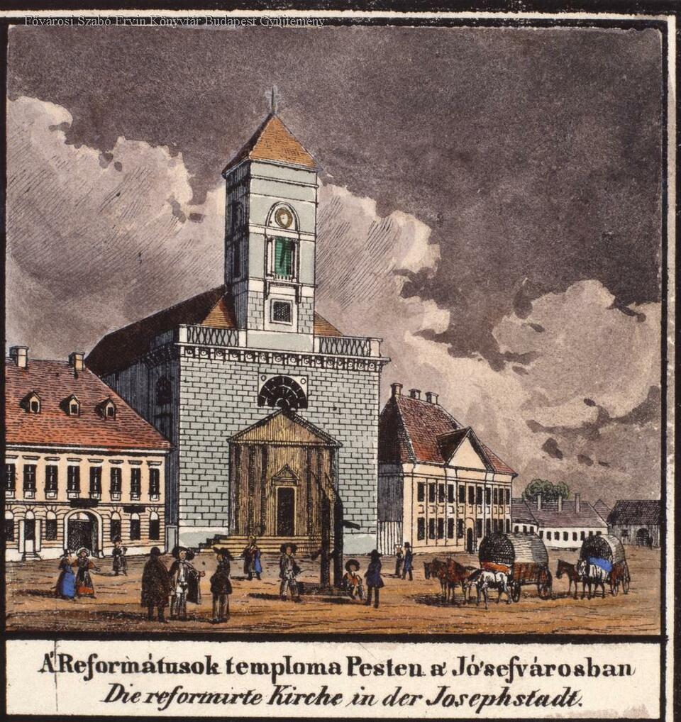 Budapest, Kálvin téri templom, 1835 körül, tervező (?): Hild Vince (FSZEK – Budapest Gyűjtemény, Carl Vasquez képe) 