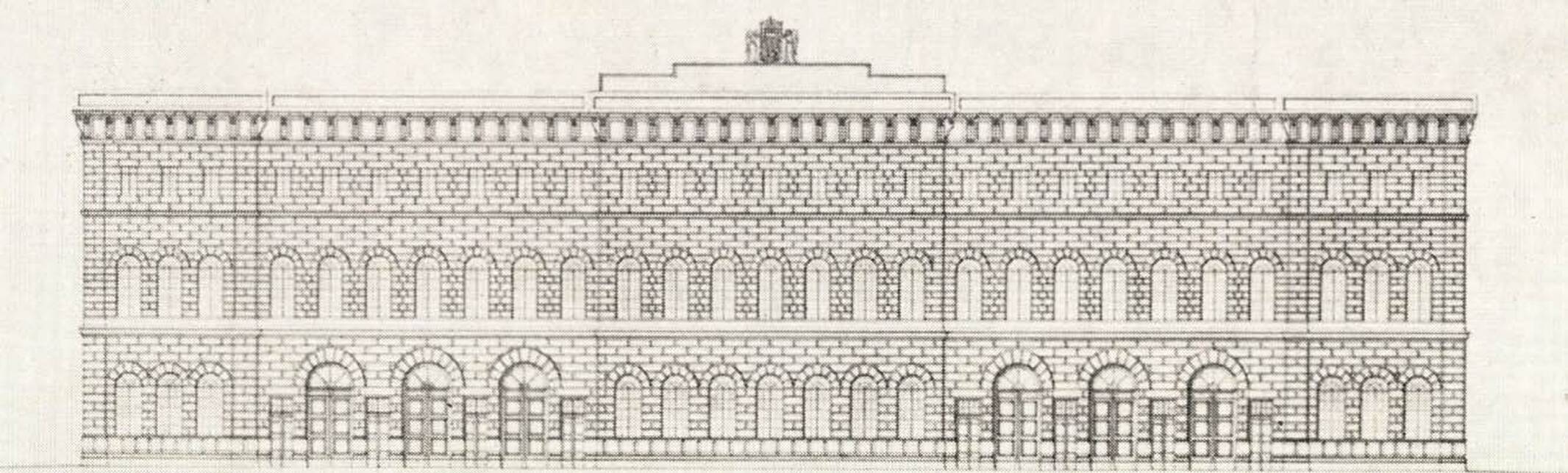 Pollack Mihály beadott Országház-terve 1840 körül, homlokzat (Művészettörténeti Értesítő, 1973/1., 23. o.) 