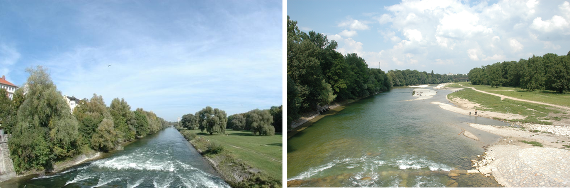 Az Isar folyó a helyreállítások előtt és után. Forrás https://restorerivers.eu/wiki/index.php?title=Case_study%3AIsar-Plan