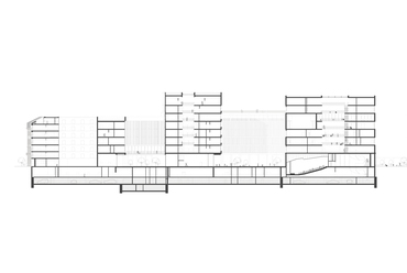 B-B metszet - udvarok, kertek és átriumok, A Pázmány Campus megosztott III. díjban részesült pályamunkája, Tervezők: Archikon és Újirány