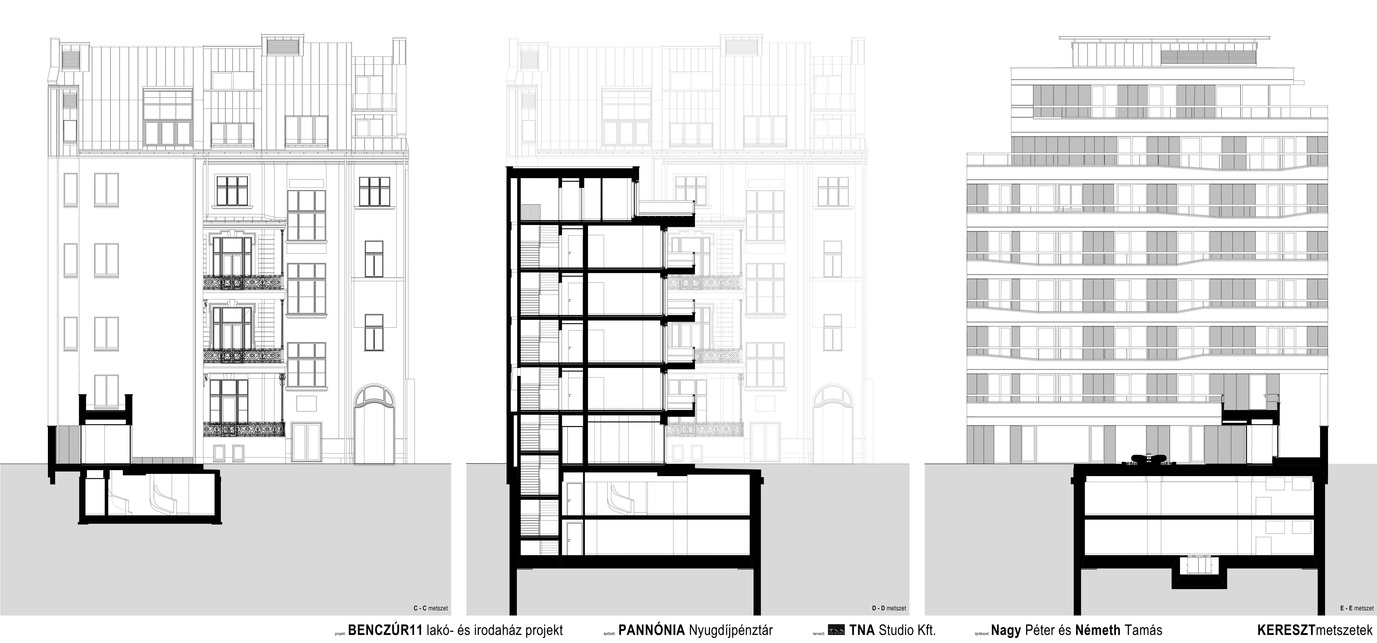 B11 Iroda és lakóépület, Tervező: TNA Studio, További metszetek és alaprajzok a mellékletekben érhetőek el.