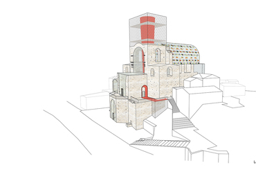 Látványterv a parkoló felől, A ReUse Italy pályázata a Grottole-ban található műemléki templomrom koncertteremmé alakítására, Tervező: Grafit Műterem