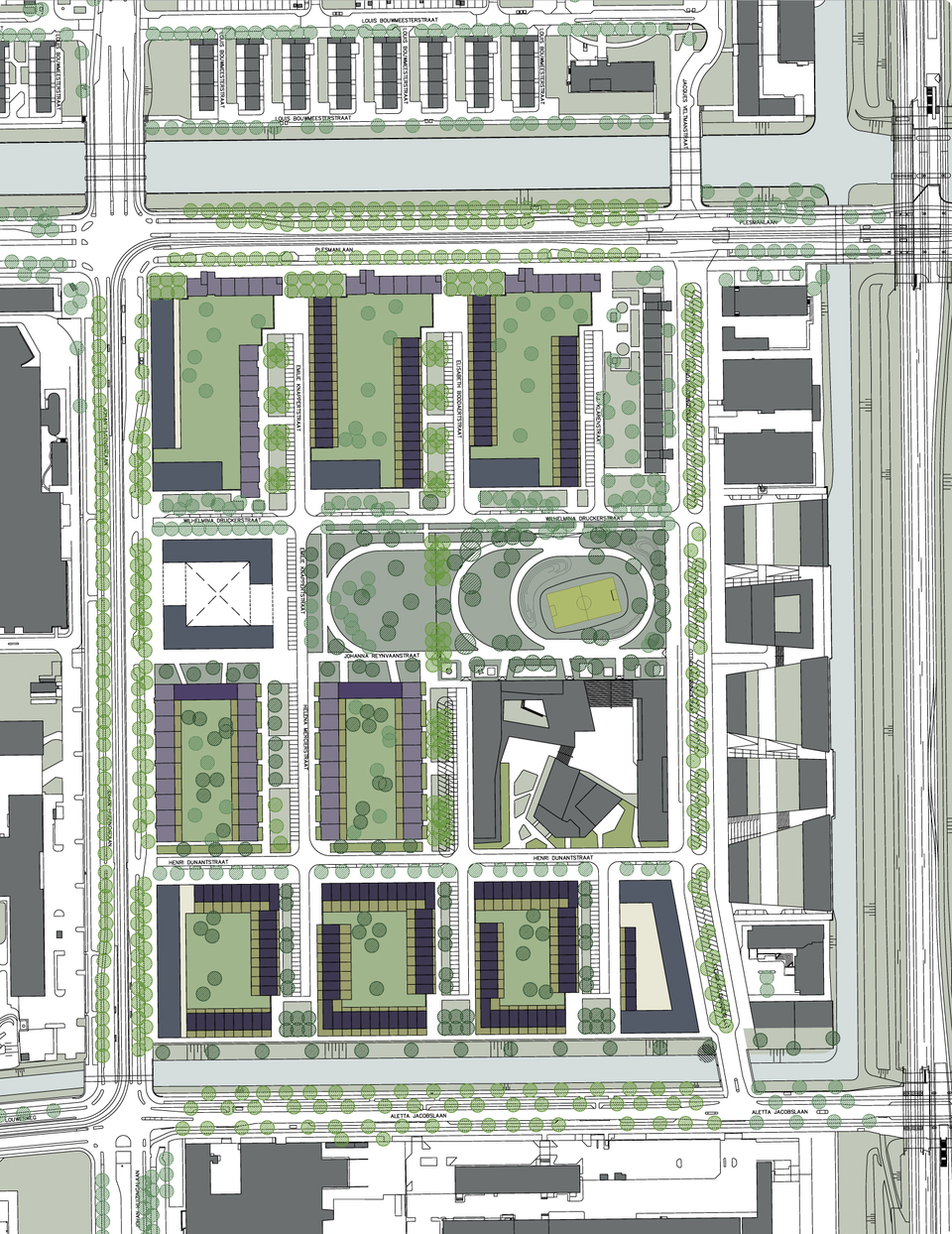 A Plesman-negyed megújulásának beépítési terve, a Steenhuis Bukman iroda házai a jobb oldali sávban épültek. Építész: Palmbout Urban Landscapes