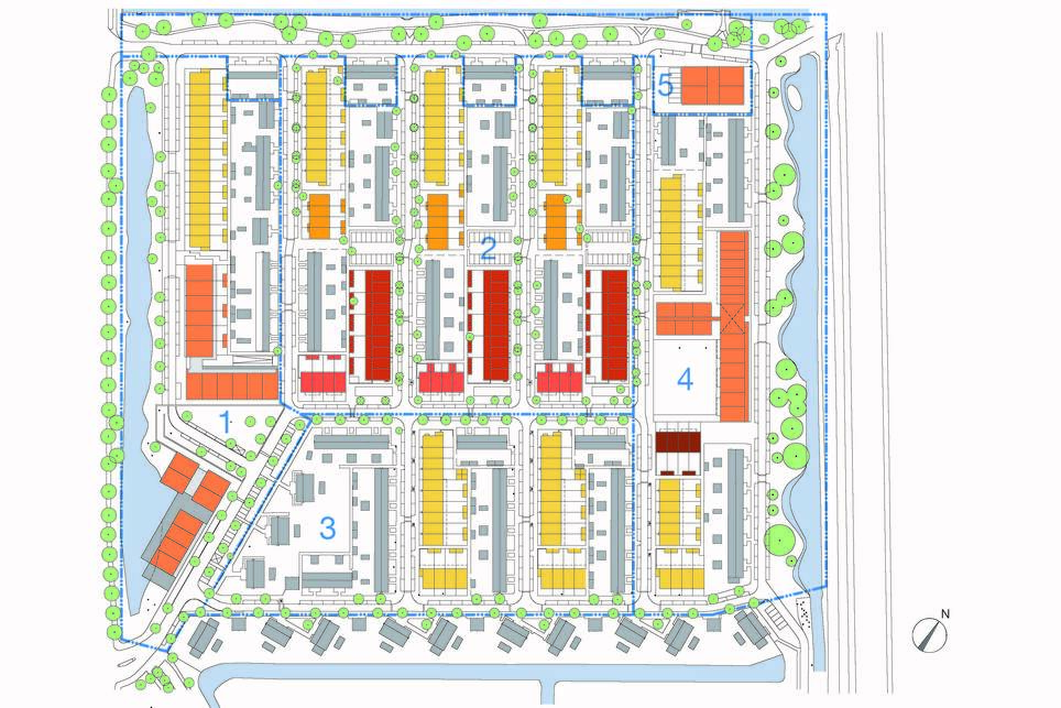 A Bomenwijk megújulásának helyszínrajza, a bontások-új épületek helye színnel kiemelve. Építész: Steenhuis Bukman Architecten