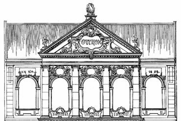 Az épület homlokzati rajza. Tervező: Márkus Géza. Fotó: Neubauten und Concurrenzen 1898., Universitätsbibliothek Stuttgart gyűjteménye. Forrás: 24.hu