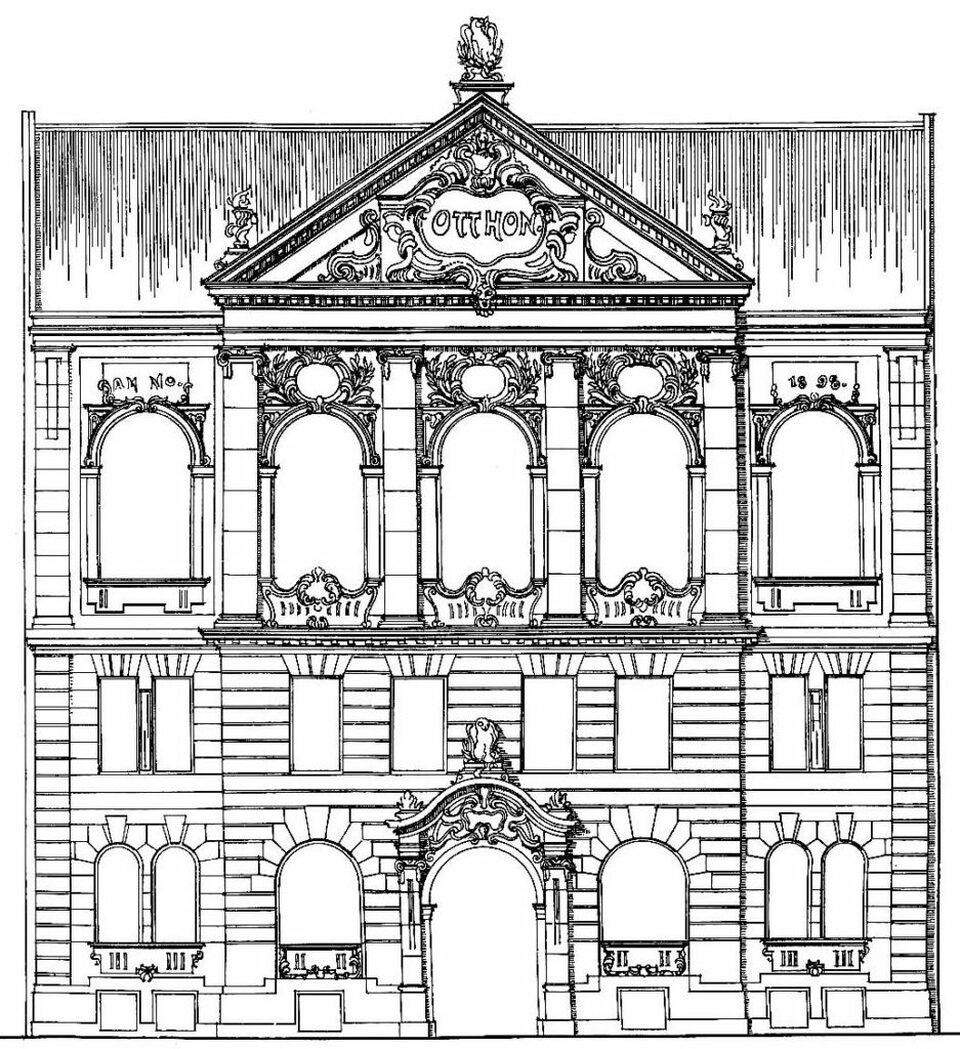 Az épület homlokzati rajza. Tervező: Márkus Géza. Fotó: Neubauten und Concurrenzen 1898., Universitätsbibliothek Stuttgart gyűjteménye. Forrás: 24.hu