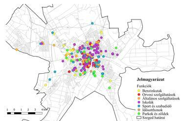 Egyes funkciók pontszerű ábrázolása. Forrás: OSM adatbázis alapján saját szerkesztés