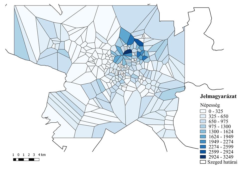 A népesség voronoi poligonos lehatárolása. Forrás: OSM adatbázis alapján saját szerkesztés