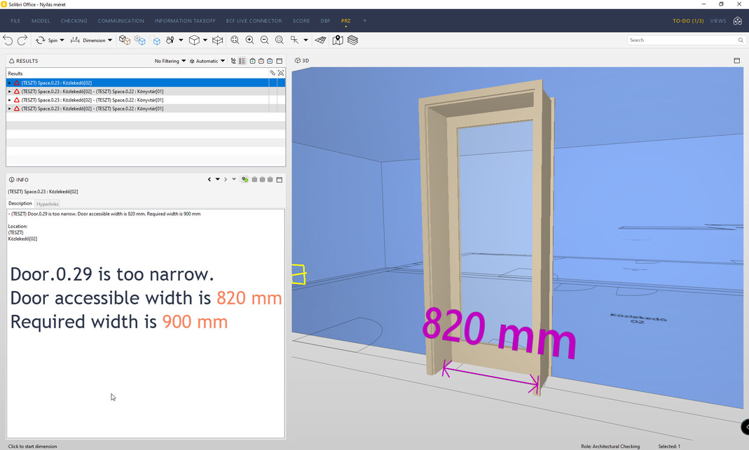 Nyílás minimális méretének ellenőrzése a BIM modell segítségével Solibri Office programban