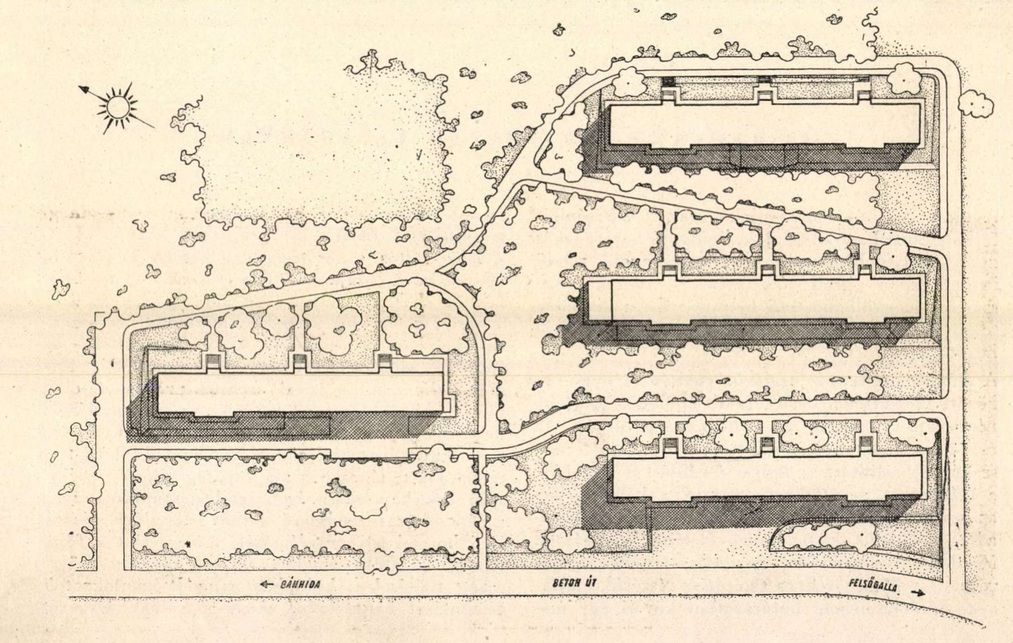 Tatabánya, bányászlakóházak (ma a Ságvári Endre ltp. részei), helyszínrajz. Tervező: Fleischl Etelka és Gyula, Major Máté Forrás: Új Építészet, 1949/1-3., 17-19.