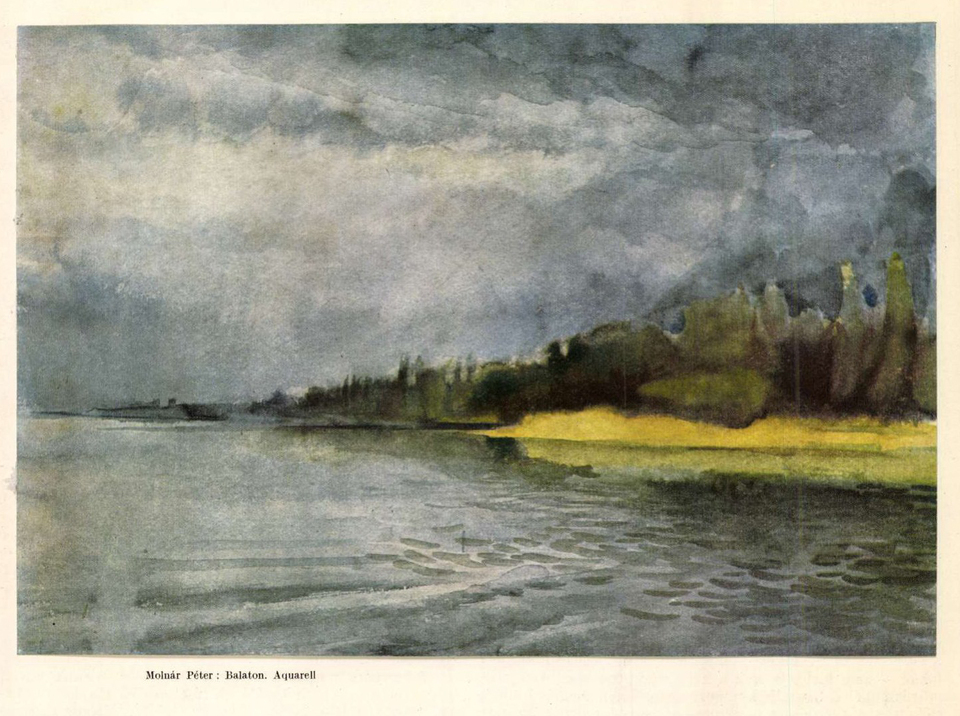 Molnár Péter: Balaton, aquarell. Forrás: Magyar Építőművészet, 1955, 1-2. szám. | Arcanum Digitális Tudománytár