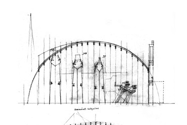 Londoni kiállítási pavilon, Makovecz Imre - Metszet és alaprajz forrás: Országépítő - 8. évf. 3-4.sz. 1997. 8. oldal