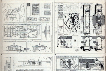 A VII. ciklus felvételi pályázatában családi házat kellett tervezni. Deák Zoltán (7), Ekler Dezső (8), Ferkai András (9) és Vesmás Péter (11) terve. (Magyar Építőművészet 1983/5.)