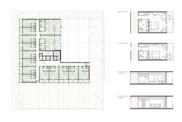 Debreceni Egyetem ´UniGreen Hotel´ Innovációs Oktatószálloda, harmadik-negyedik emelet alaprajz, szobatípusok / 4N Építésziroda
