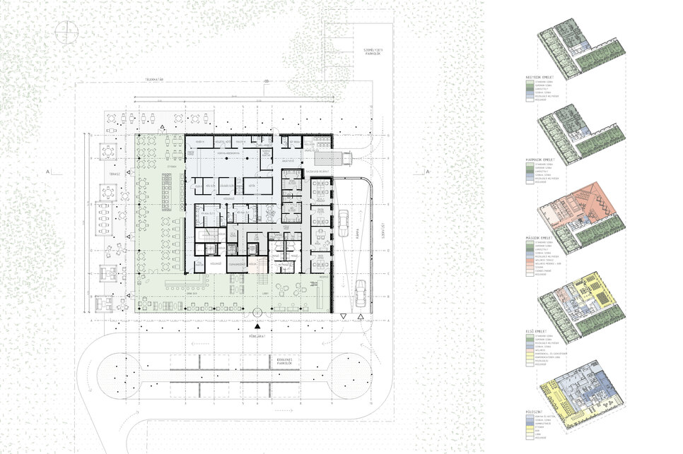 Debreceni Egyetem ´UniGreen Hotel´ Innovációs Oktatószálloda, földszint alaprajz / 4N Építésziroda	