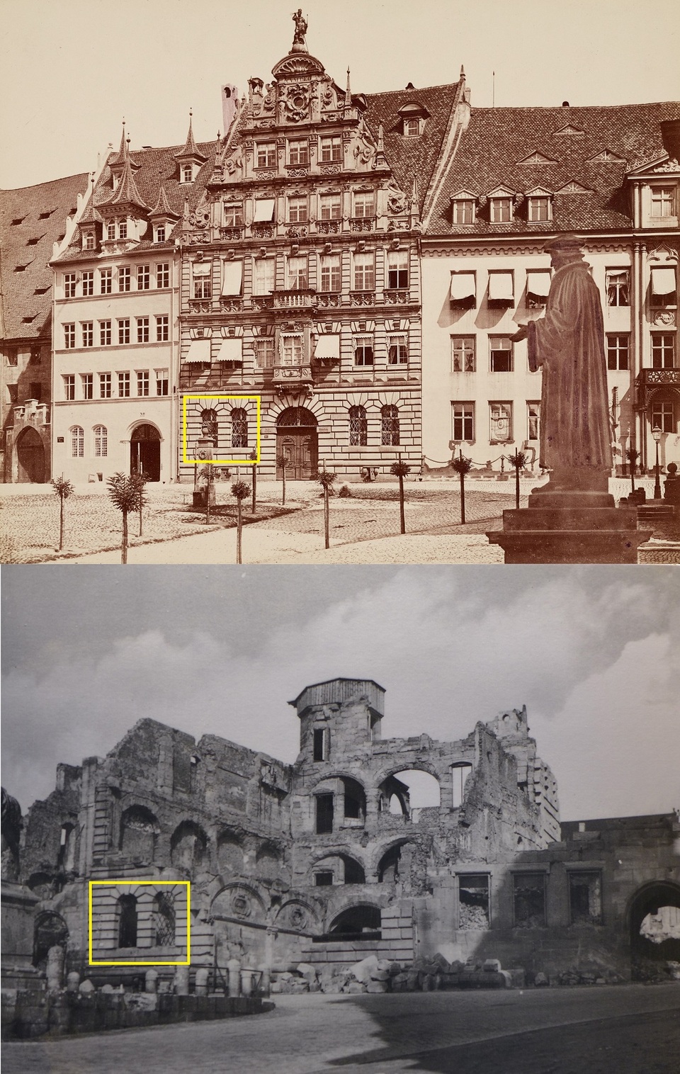 Az Egidienplatz 1886-ban és a bombázás után, Képek forrása: Wikipedia Commons, Forrásuk és felhasználó:  Photographic Archive of the Zentralinstitut für Kunstgeschichte, ZI-1092-01-00-357306, ©Sol Octobris