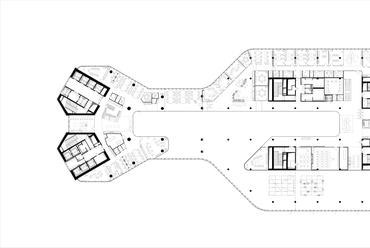 Második emeleti átnézeti alaprajz - Foster + Partners, KINZO, Finta Stúdió, Minusplus: MOL Campus. Forrás: Finta Stúdió