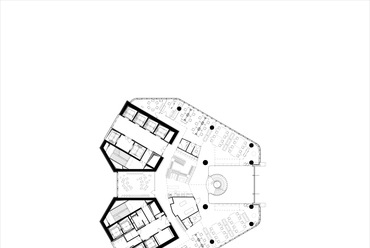 Kilencedik emeleti átnézeti alaprajz - Foster + Partners, KINZO, Finta Stúdió, Minusplus: MOL Campus. Forrás: Finta Stúdió