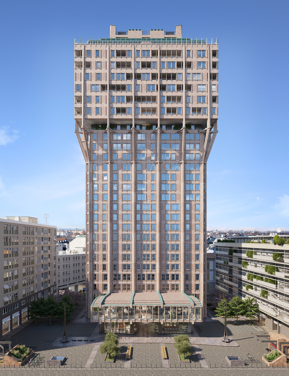 Látványterv a milánói Torre Velasca és környékének átalakítási tervéről. Forrás: Asti Architetti