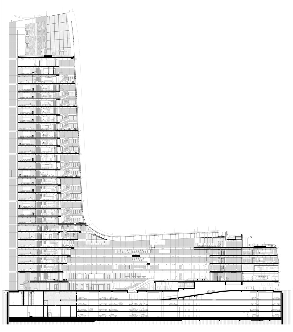 AA metszet - Foster + Partners, KINZO, Finta Stúdió, Minusplus: MOL Campus. Forrás: Finta Stúdió