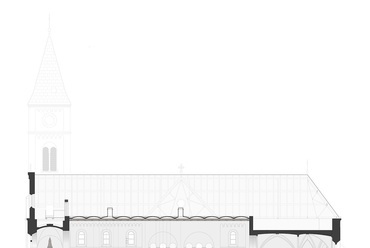 Északi hosszmetszet,  A veszprémi Szent Mihály Főszékesegyház felújítása, Építészet: Czita Építész Iroda