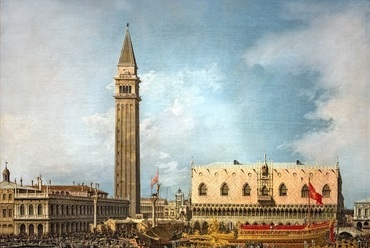 Canaletto: a Doge visszatérése az Adriai tenger eljegyzése után (1738 körül, Holkham Estate), háttérben a Campanile