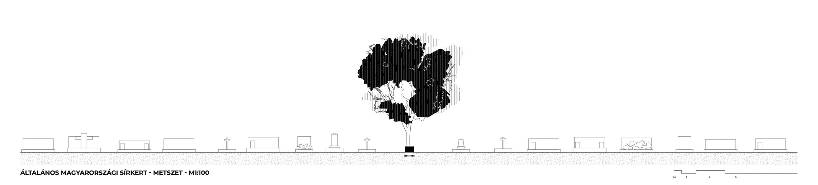 Általános magyarországi sírkert, emlékhely metszete.	Kis Luca, Novák Sándor, Weiszkopf András DLA