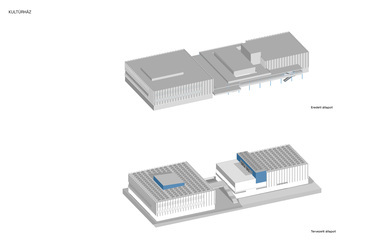 Kultúrház - axonometria az eredeti és tervezett állapotról.
